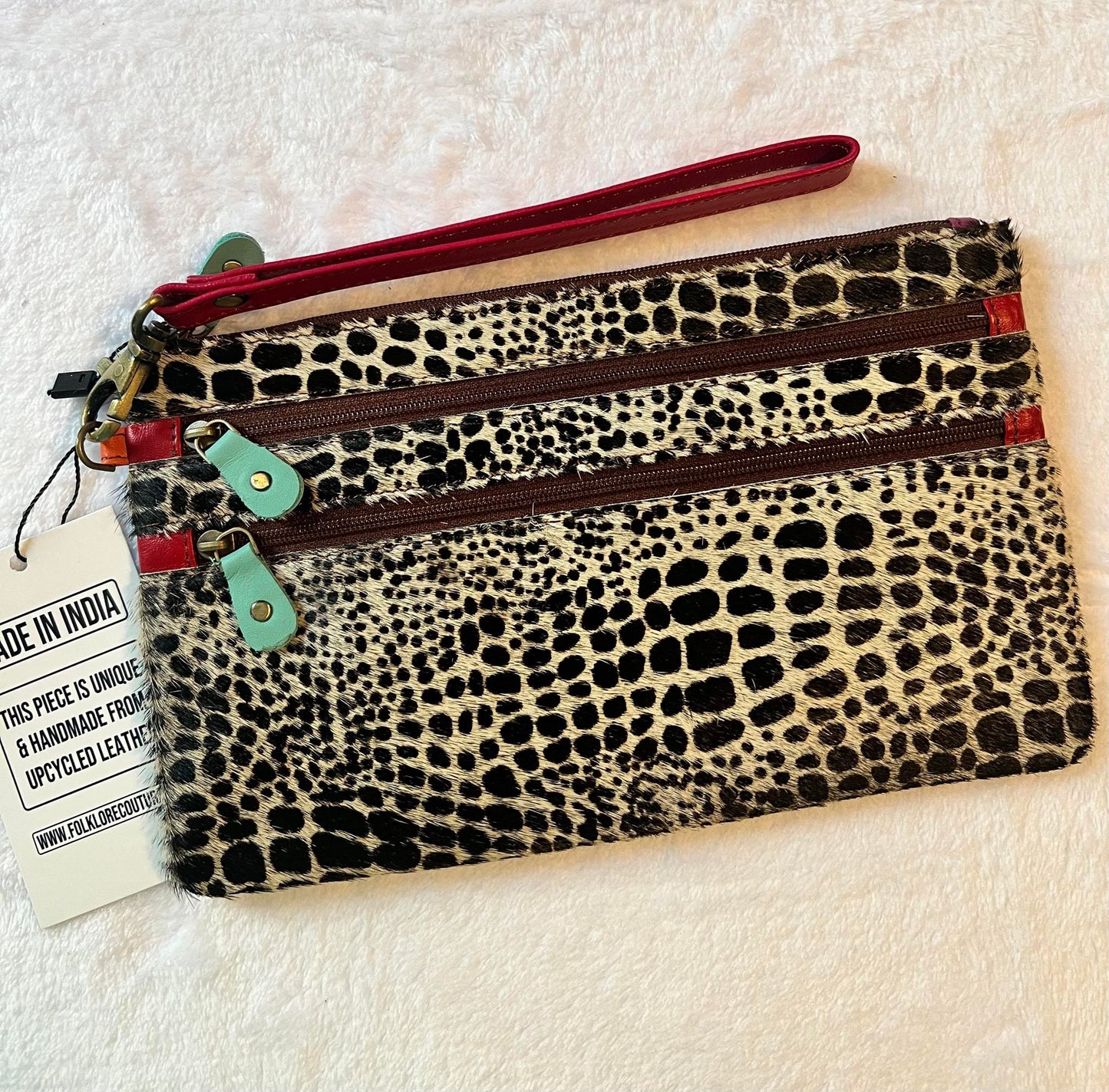 Vance Triple Zip Leather Hair on Hide Wristlet