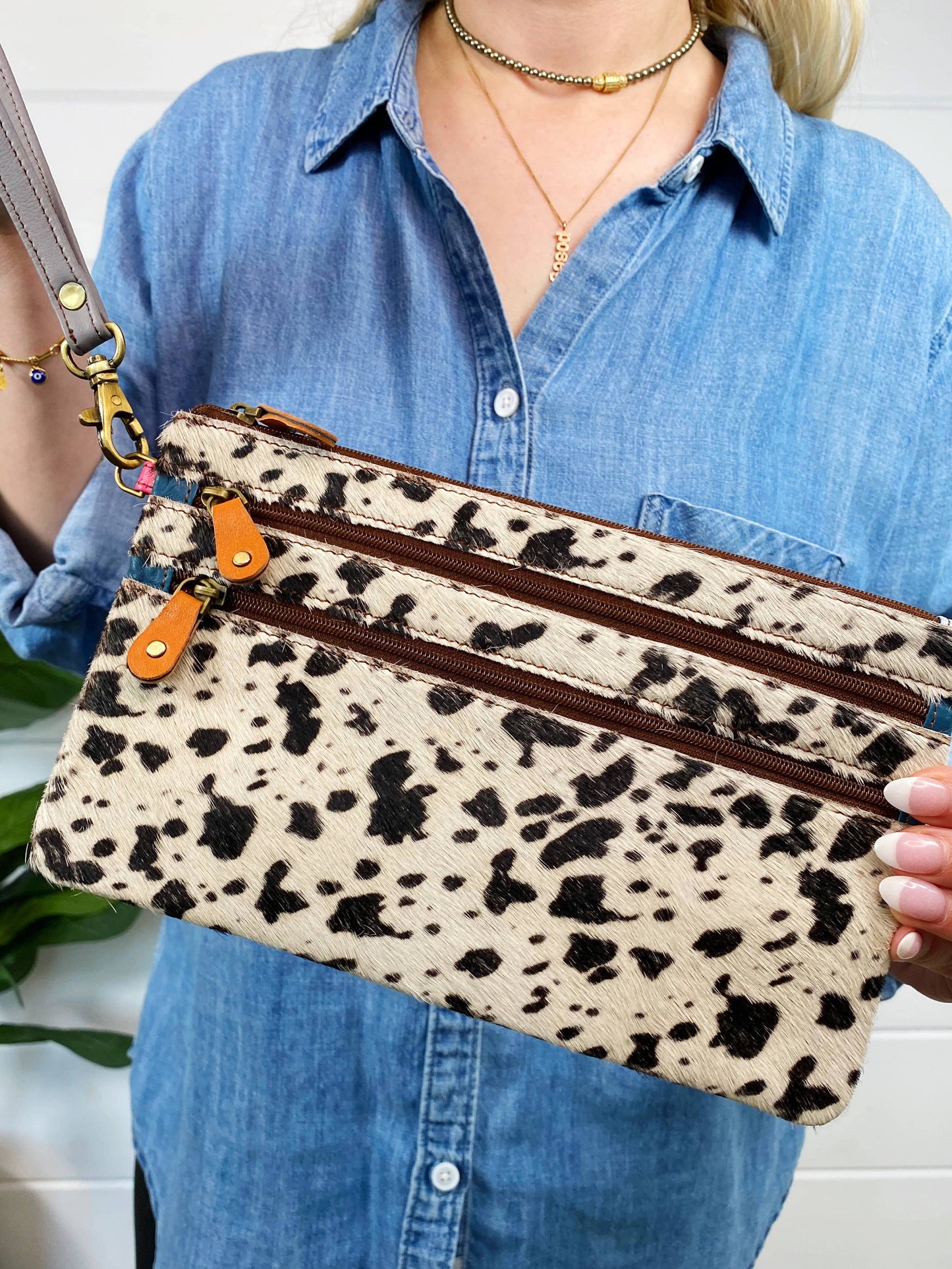 Vance Triple Zip Leather Hair on Hide Wristlet