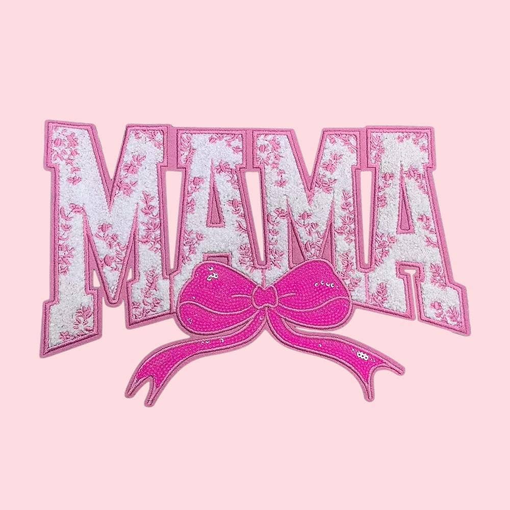 MAMA Floral and Coquette Bow Iron On Patch: Aqua blue