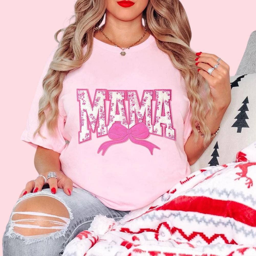 MAMA Floral and Coquette Bow Iron On Patch: Pink