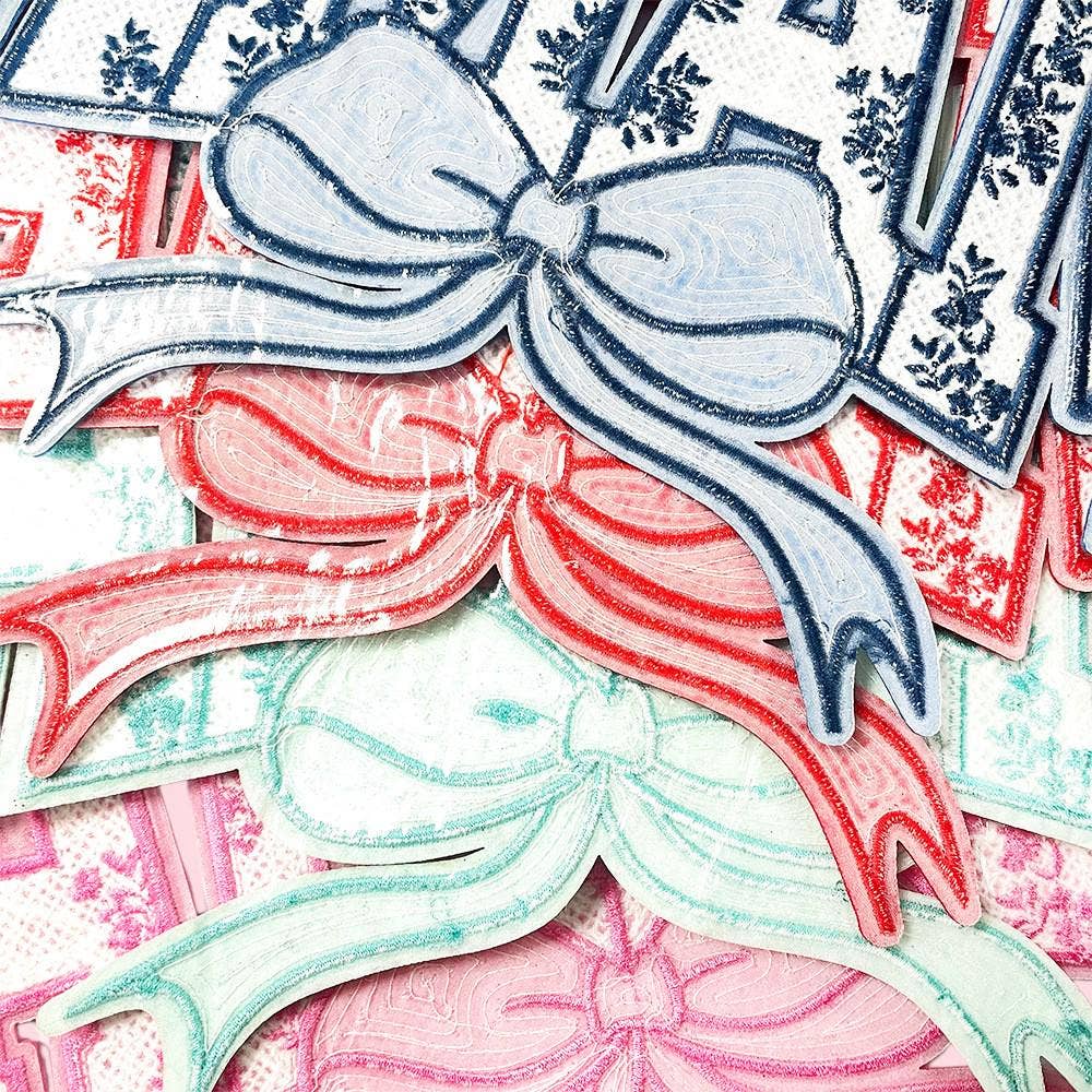 MAMA Floral and Coquette Bow Iron On Patch: Navy blue