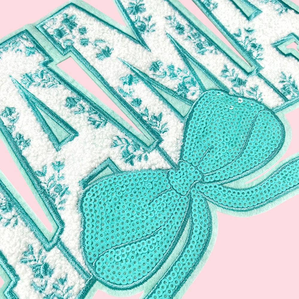 MAMA Floral and Coquette Bow Iron On Patch: Aqua blue