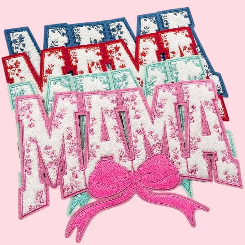 MAMA Floral and Coquette Bow Iron On Patch: Navy blue
